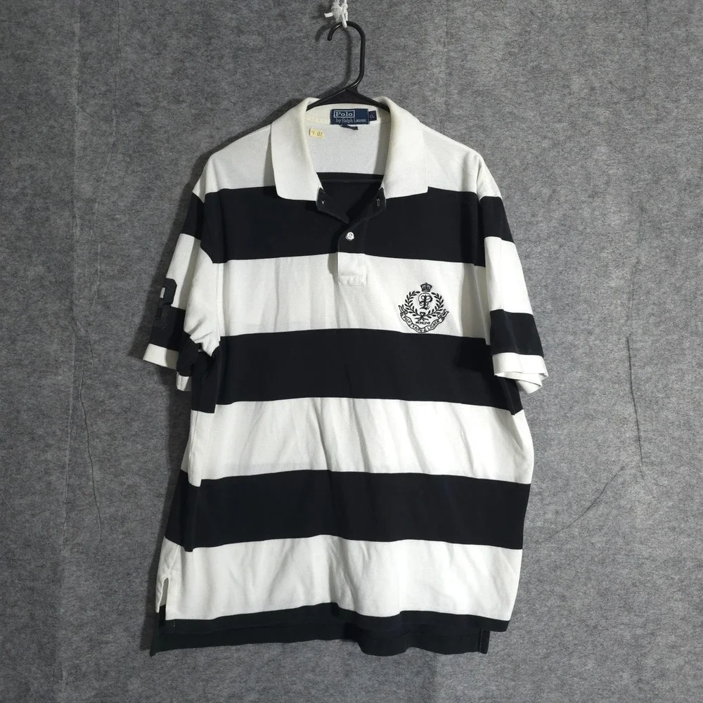 Polo Ralph Lauren Shirt Mens L Black White Striped Crest Logo‎ Short Sleeve Pony